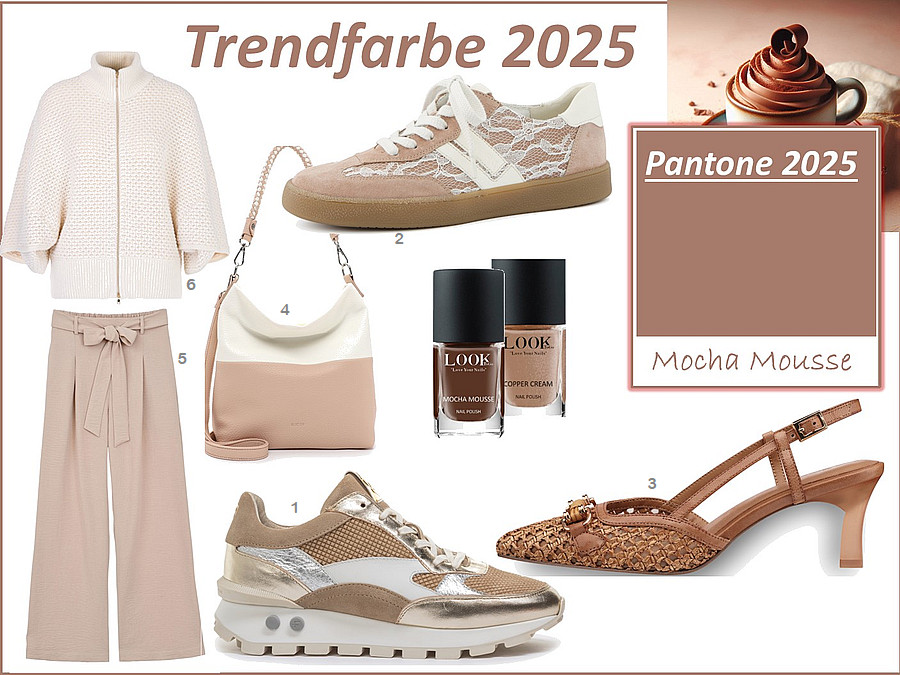 Ein Paar stilvolle Schuhe in der Trendfarbe Mocha Mousse – ein warmer, eleganter Braunton, der Natürlichkeit und zeitlose Eleganz ausstrahlt.